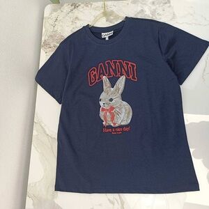 Ganni Navy Tee with Bunny and Red Accents